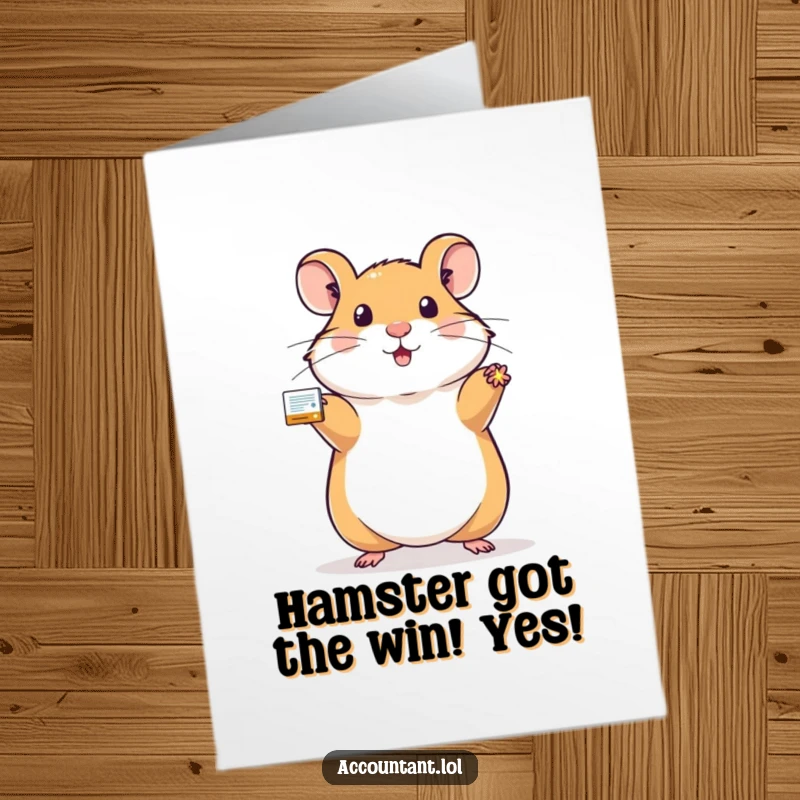 Funny free printable congratulations card: A proud hamster holds a perfectly balanced ledger sparkling with achievement, a fantastic downloadable gift.