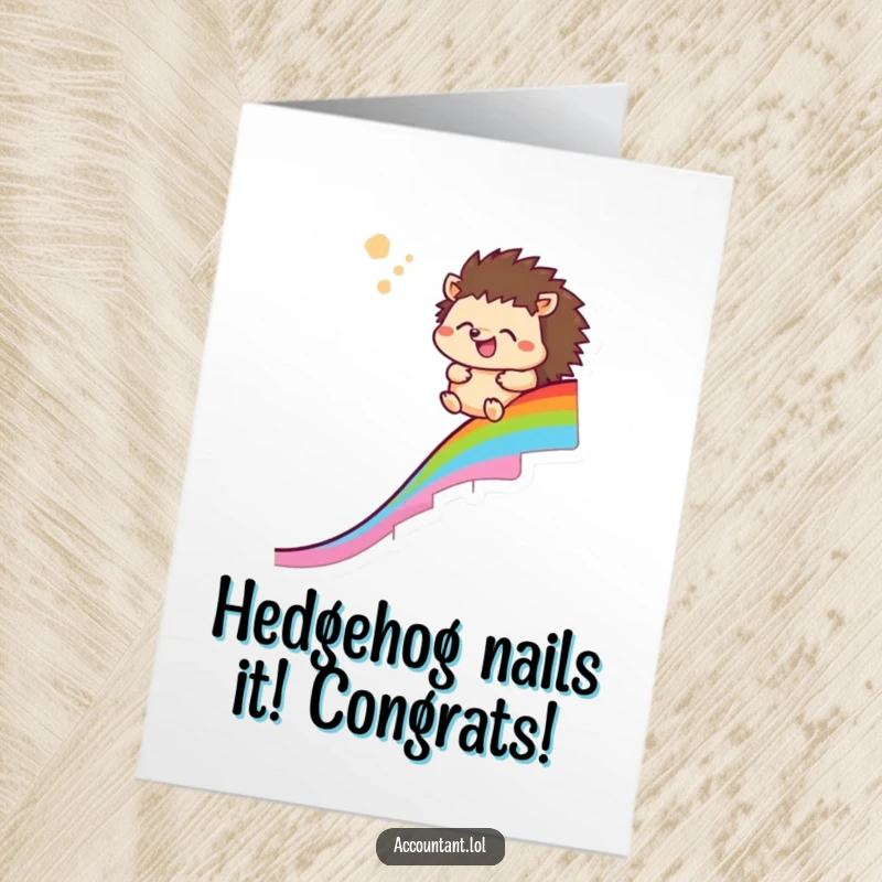 Funny free printable congratulations card: A happy hedgehog slides down a rainbow chart, expressing relief and success, a perfect downloadable gift.