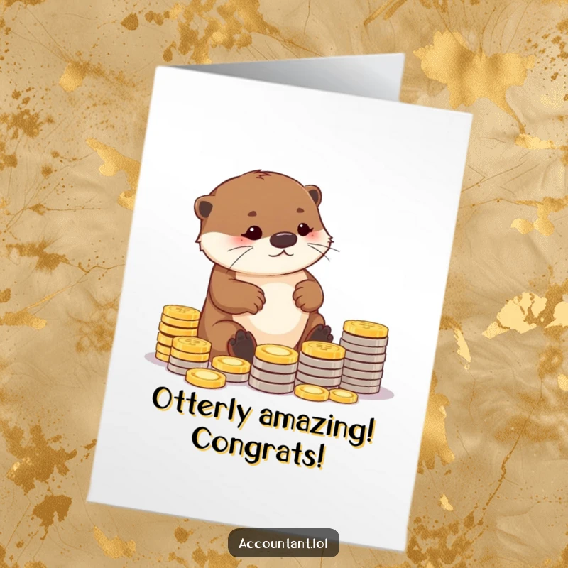 Funny free printable otter congratulations card arranging coins, celebrating success. DL size.