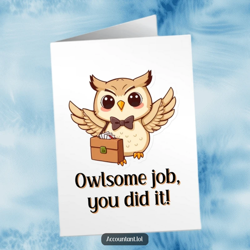 Funny Free Printable Congratulations Card: A fly owl in a bow tie carries a briefcase, celebrating an achievement with humor.