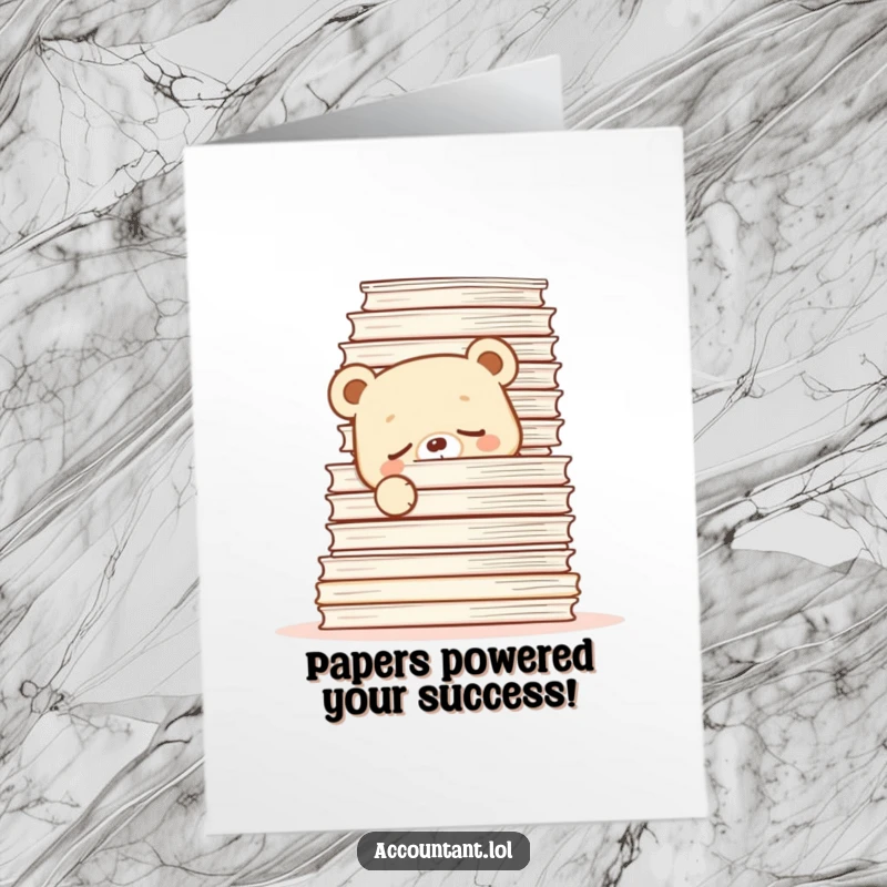 Funny Free Printable Congratulations Card: A sleepy bear cub peeks from behind a tall stack of papers, celebrating achievement.