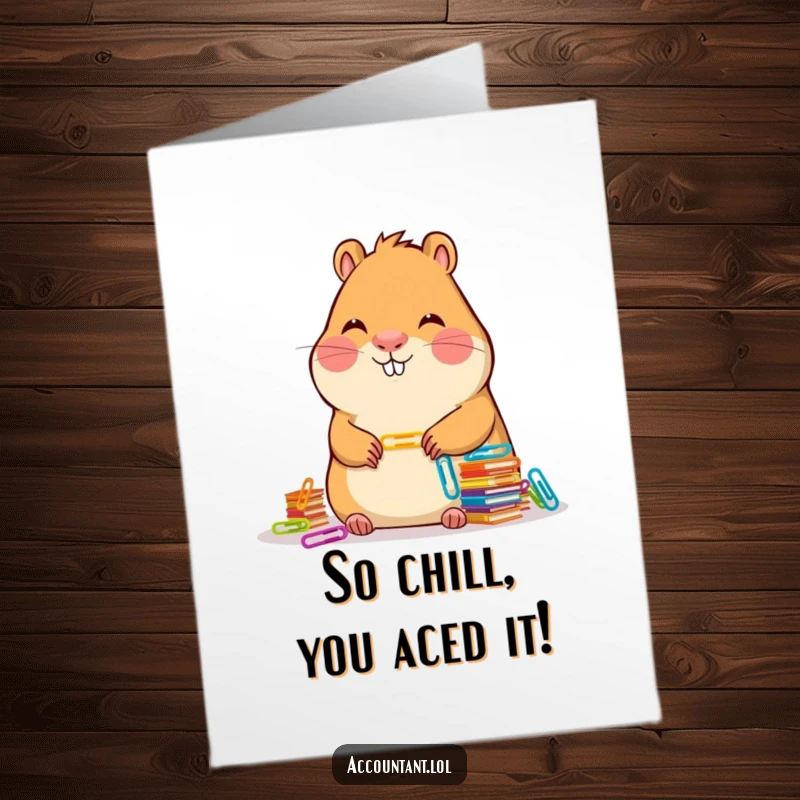 Funny Free Printable Congratulations Card: A smiling capybara calmly organizes stacks of paper clips, celebrating a job done with serene satisfaction.