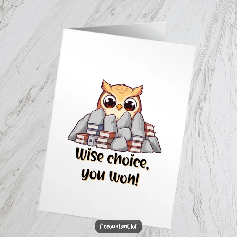 Funny Free Printable Congratulations Card: An owl with wide, curious eyes emerges from a huge pile of ledgers.