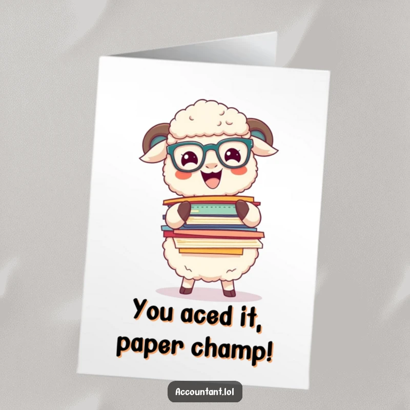Funny Free Printable Congratulations Card: Amusing sheep wearing glasses, balancing a massive stack of colorful papers with excitement.