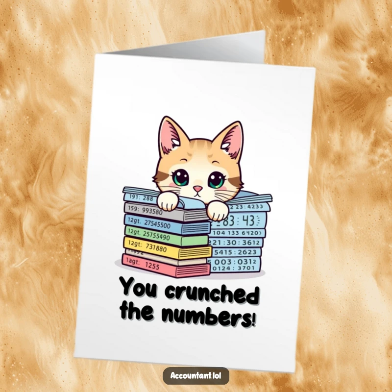 Funny Free Printable Congratulations Card: Curious cat accountant behind charts, celebrating success with nerdy charm.