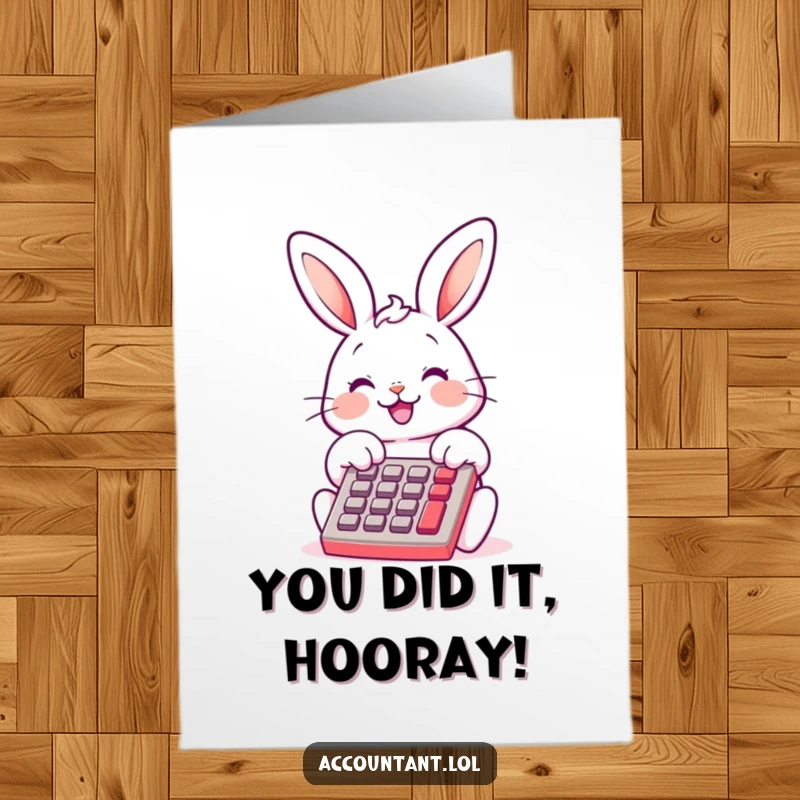 Funny Free Printable Congratulations Card: A smiling bunny uses its paws to tap a calculator, celebrating a big win.