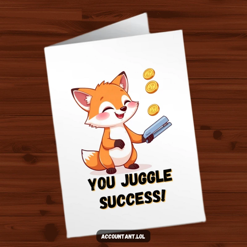 Funny Free Printable Congratulations Card: An amused fox joyfully juggling coins and an office stapler.