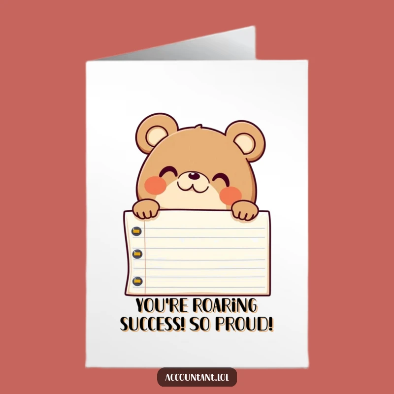 Free Printable Congratulations Card: Bear Accountant's Pleased Surprise from Ledger, Humorous Downloadable