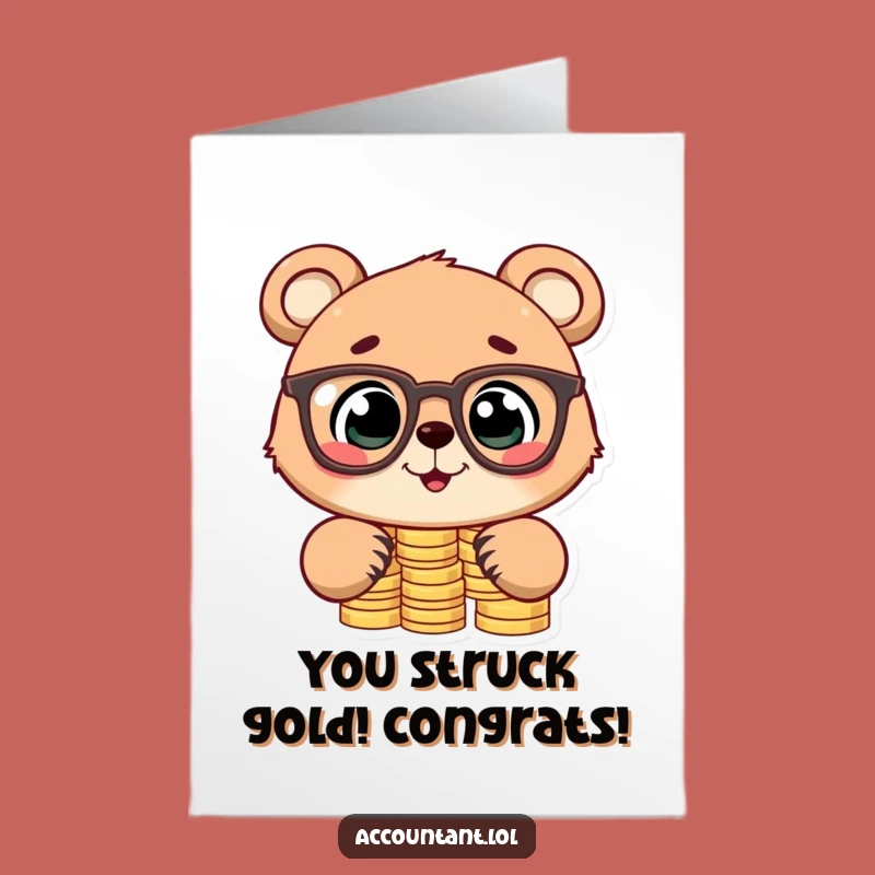Free Printable Congrats Card: Funny Bear Cub Stacking Coins Success, Downloadable Humorous Gift