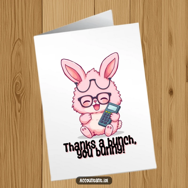 Funny Free Printable Bunny Thank You Card: A pink bunny with glasses giggles while holding a calculator, expressing thanks with pure delight.