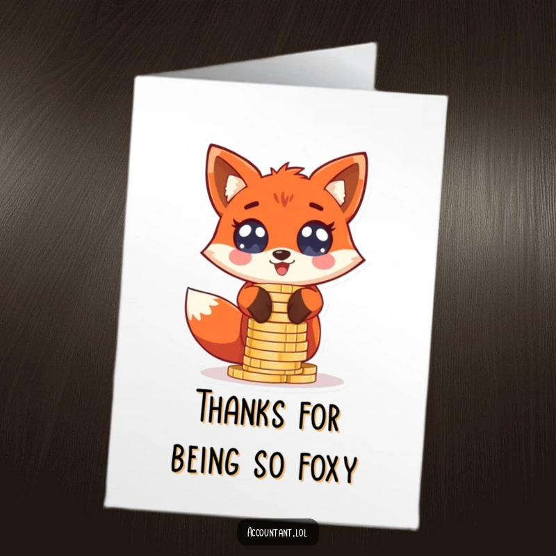 Funny Free Printable Fox Thank You Card: A giddy red fox with wide, excited eyes stacks oversized coins, offering a joyful thank you.