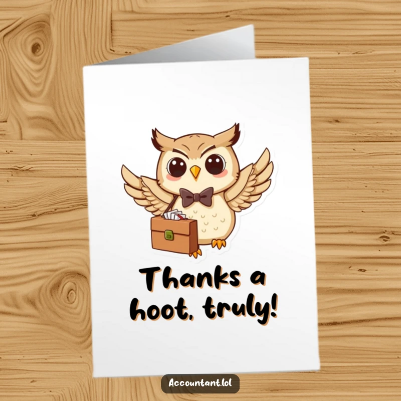 Funny Free Printable Thank You Card: A formal owl in a bow tie flies with a briefcase, expressing thanks humorously.