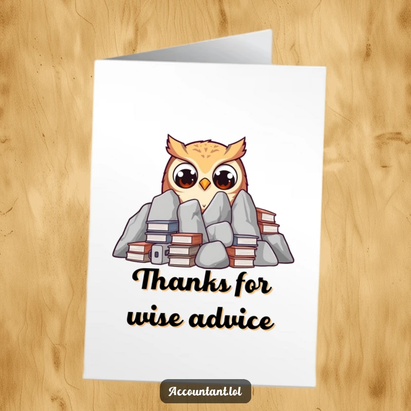 Funny Free Printable Thank You Card: A surprised owl peeking out from behind an enormous mountain of financial ledgers.