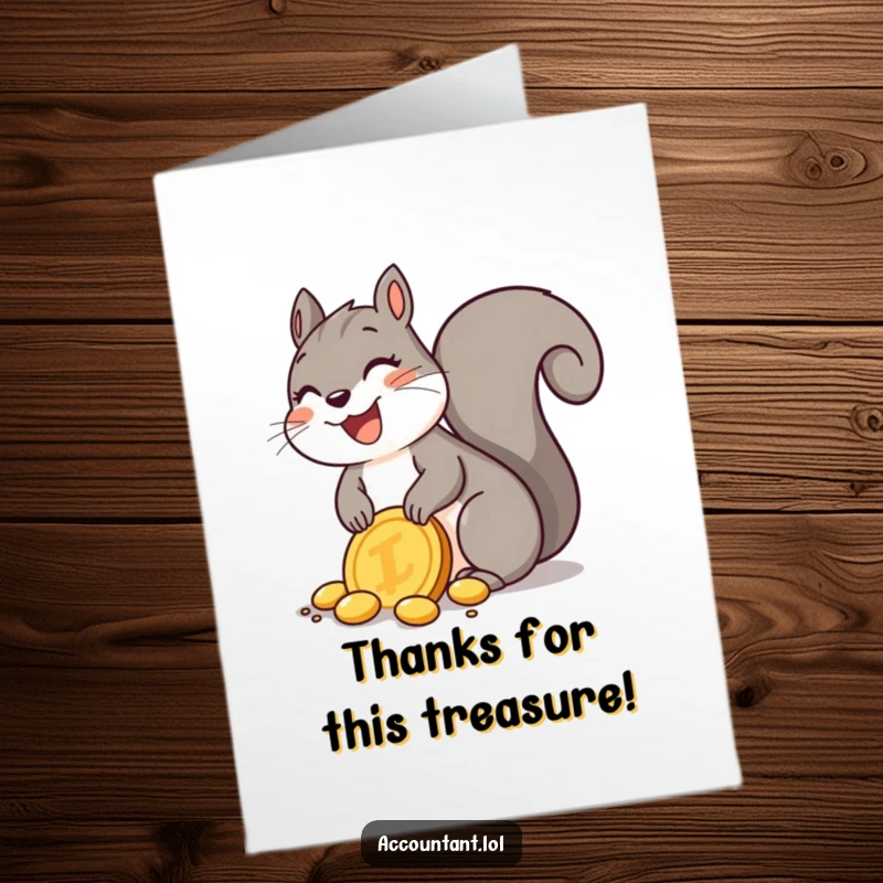 Funny Free Printable Thank You Card: A delighted squirrel joyfully buries a large golden coin, expressing thanks.