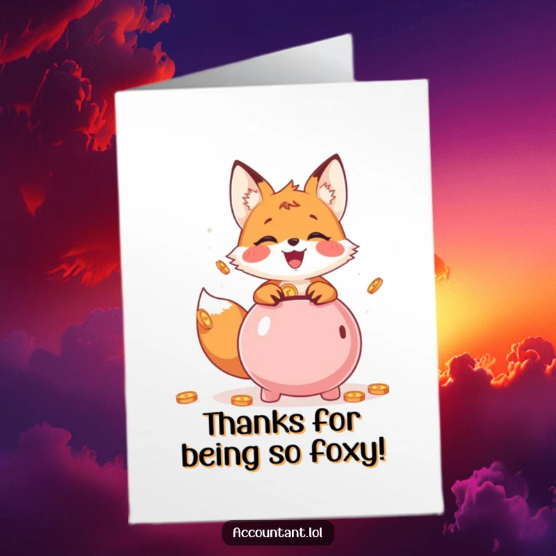 Funny Free Printable Thank You Card: A cheerful fox cub joyfully throws coins into a piggy bank, expressing thanks.