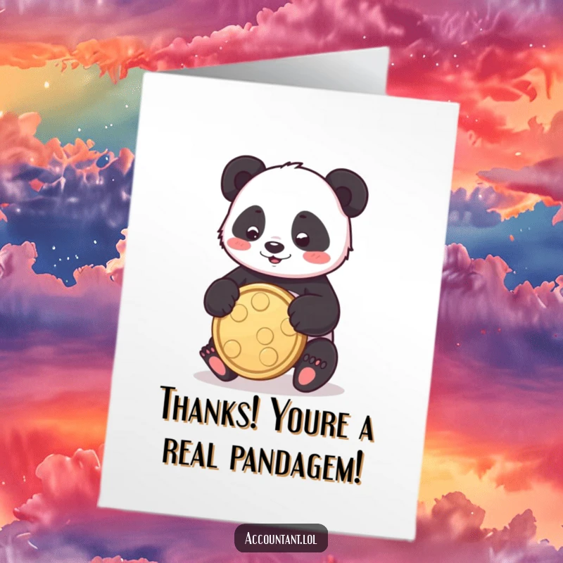 Funny free printable thank you card: A playful panda happily bounces a large coin between its paws, a sweet and funny downloadable gift.