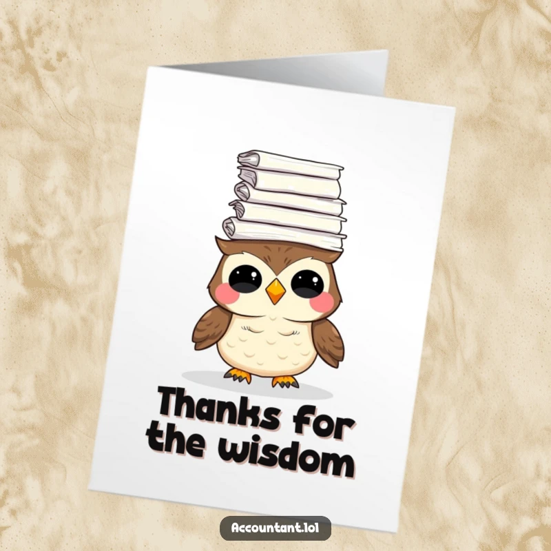 Funny Free Printable Thank You Card: A giggling owl with a stack of papers on its head, humorously expressing thanks.