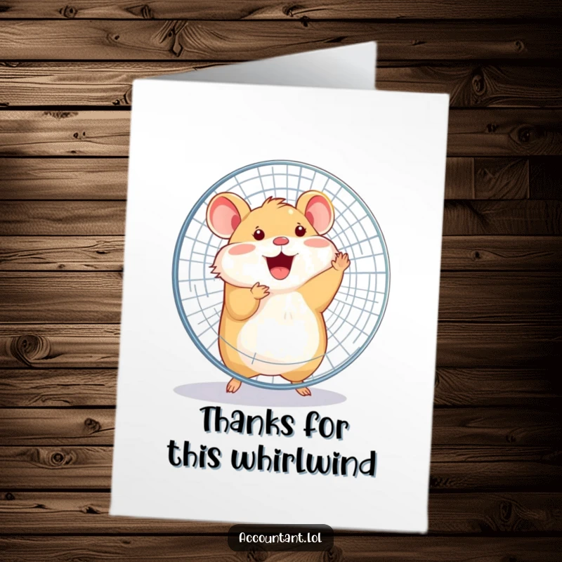Funny Free Printable Thank You Card: A happy hamster spins a large office fan, conveying energetic thanks and appreciation.