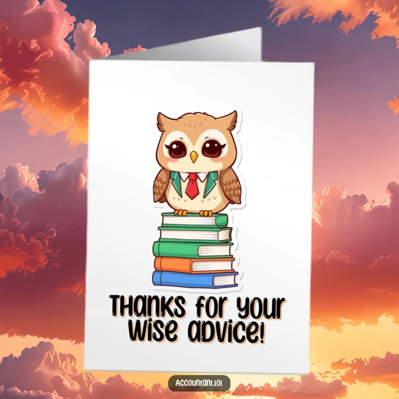 Funny Free Printable Thank You Card: A content owl accountant blinks wisely from a stack of books, expressing thanks with quiet satisfaction.
