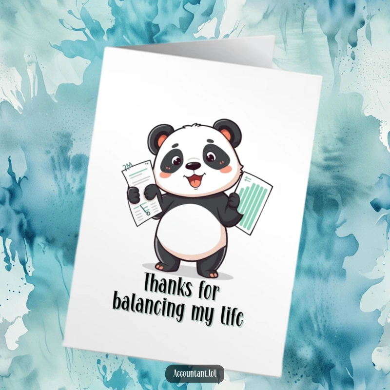 Funny Free Printable Thank You Card: A determined panda proudly holds up a balanced budget, thanking someone for their financial guidance.