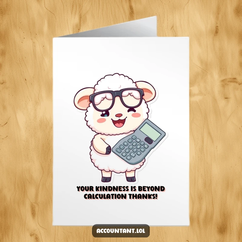 Funny Free Printable Thank You Card: A smiling sheep accountant in glasses holds a giant calculator, conveying heartfelt thanks.