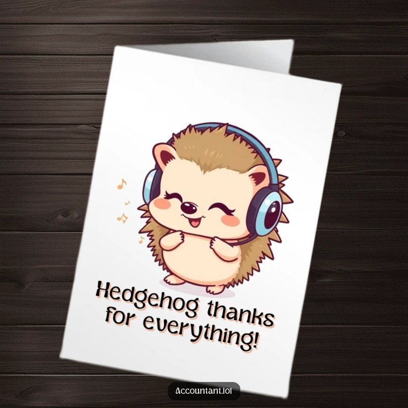 Funny Free Printable Thank You Card: Cute hedgehog wearing headphones, humming and counting a stack of money, expressing gratitude.