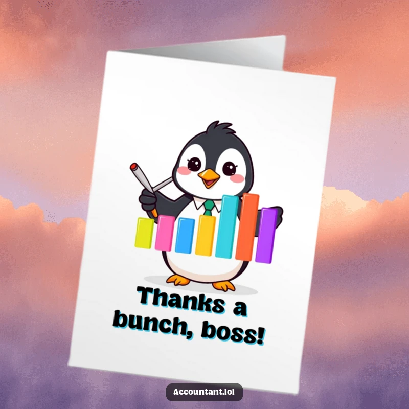 Funny Free Printable Thank You Card: A cheerful penguin accountant energetically displays a colorful graph, expressing thanks with flippers and flair.