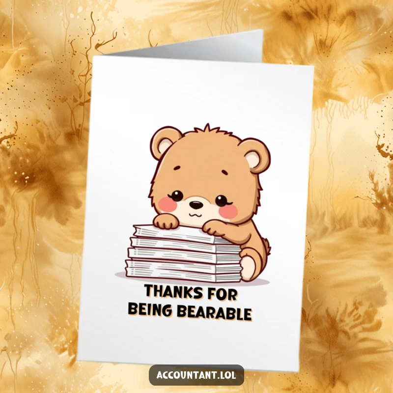 Funny free printable bear cub thank you card smiling over spreadsheets, conveying thanks. DL size.