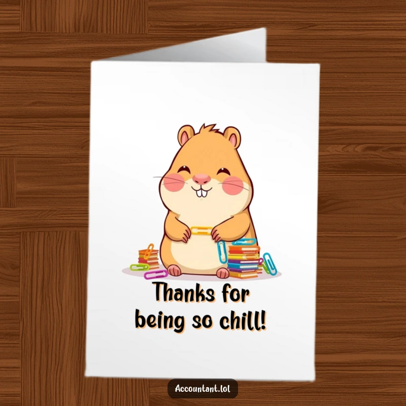 Funny Free Printable Thank You Card: A capybara with a serene smile neatly arranges paper clips, offering a peaceful thank you.