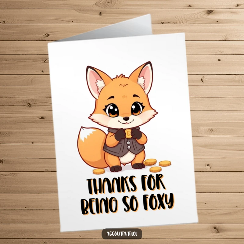 Funny Free Printable Thank You Card: Fox in vest counting coins with wide eyes, expressing gratitude, financial humor.