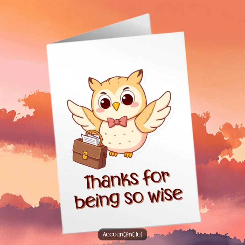 Funny Free Printable Thank You Card: A happy owl executive with a bow tie and briefcase, offering thanks with style.