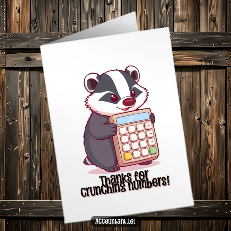 Funny Free Printable Thank You Card: A determined badger pushes a huge calculator, humorously calculating gratitude.