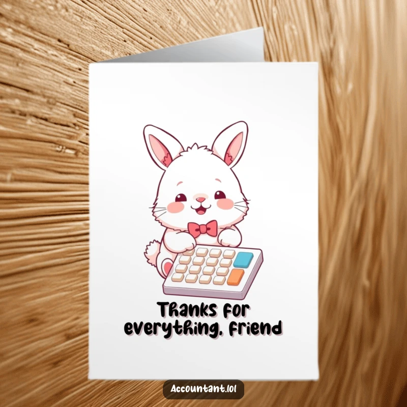 Funny Free Printable Thank You Card: Bunny in bowtie tapping calculator keys, expressing thanks with numbers and joy.