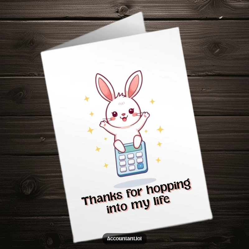Funny Free Printable Thank You Card: Happy bunny enthusiastically bouncing on a calculator, sending thanks with starbursts.