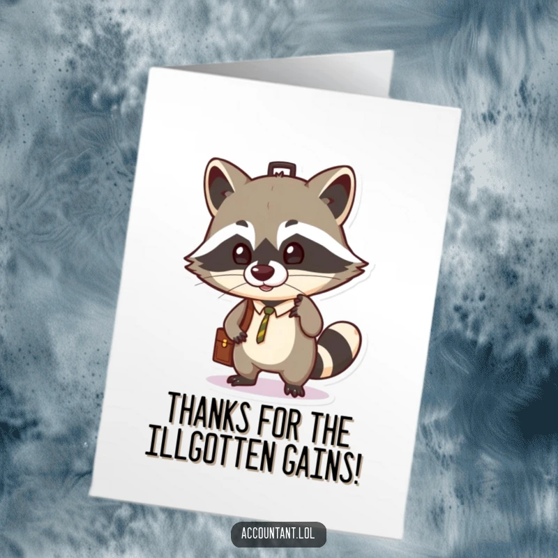 Funny Free Printable Thank You Card: Mischievous raccoon holding a briefcase on its nose, delivering thanks with a cheeky expression.
