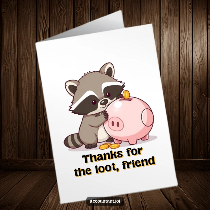 Funny Free Printable Thank You Card: Raccoon reaching into a piggy bank, creatively expressing thanks.