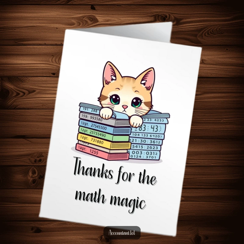 Funny Free Printable Thank You Card: Curious cat accountant managing numbers, expressing thanks with a quirky twist.