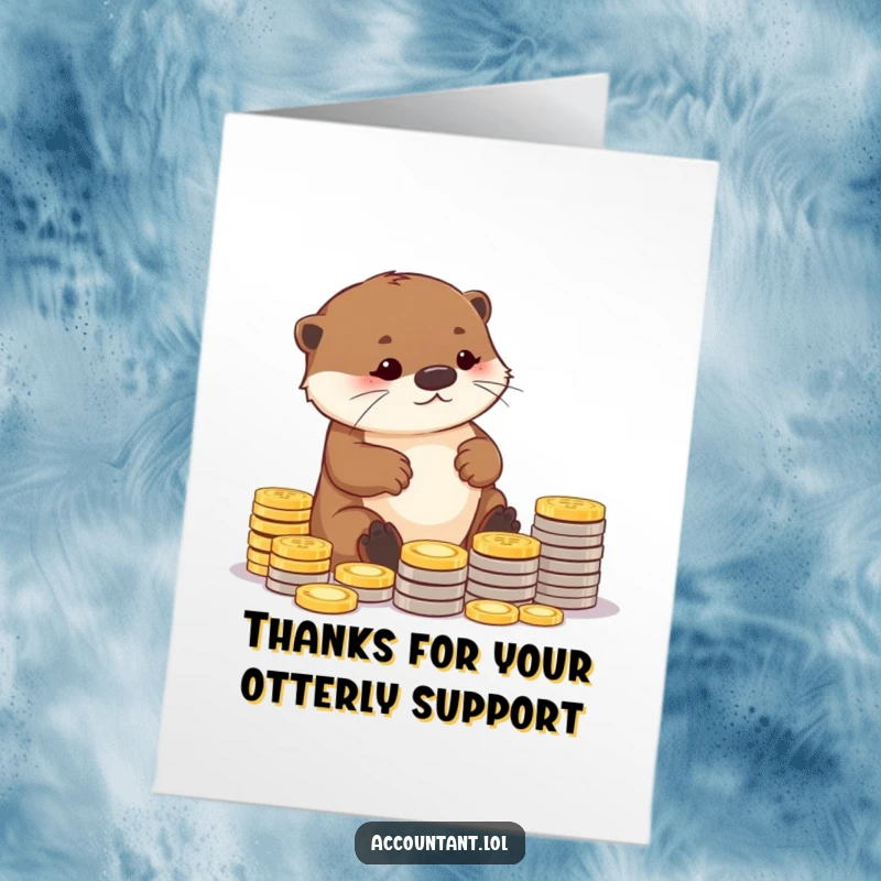 Funny free printable otter thank you card arranging coins, conveying gratitude. DL size.