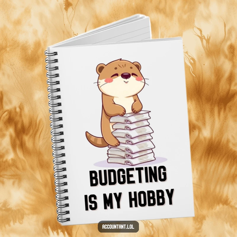 Funny otter notebook, a playful otter balancing receipts with a wink, perfect for journaling and note-taking.