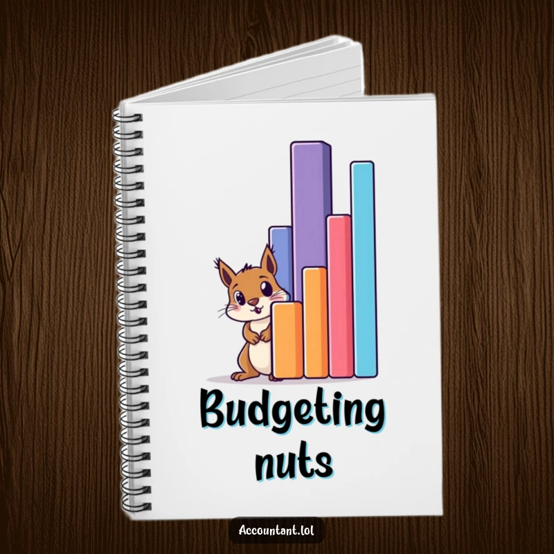 Funny squirrel peeking in amazement behind a colossal bar graph on a lined notebook, encouraging creative writing.