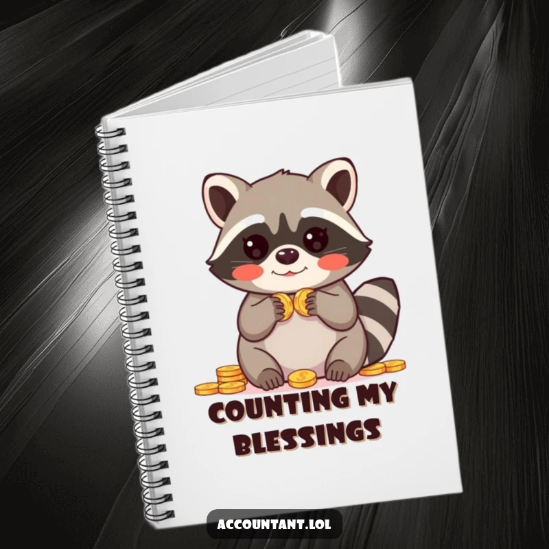 Funny notebook featuring a blushing raccoon with paws raised in amazement over a pile of coins, perfect for notes.