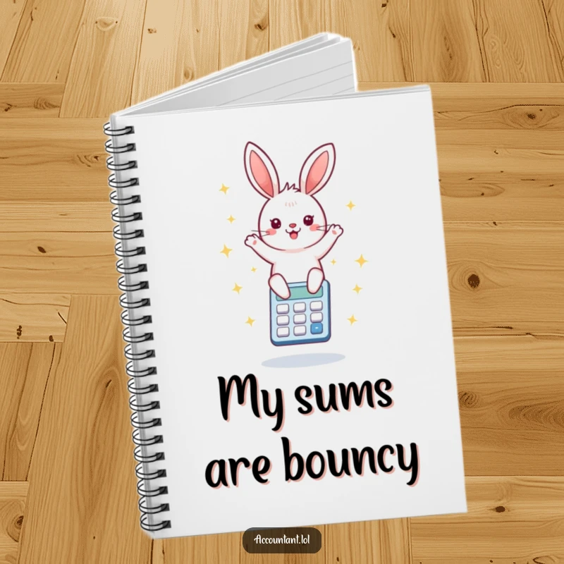 Funny notebook cover with an ecstatic bunny bouncing on a calculator amidst bright starbursts, inspiring cheerful note-taking.