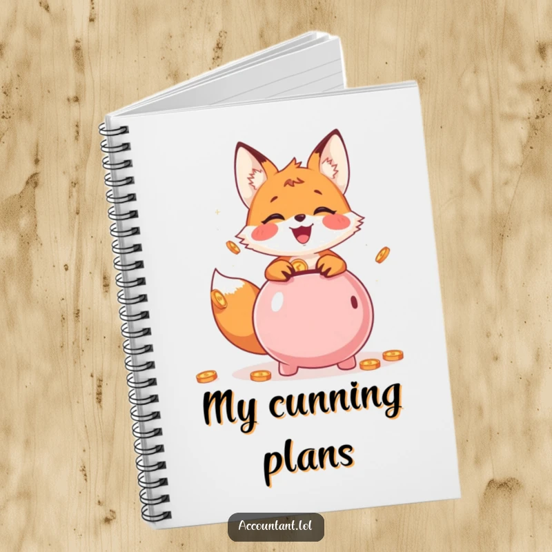 Funny Notebook with a cheerful fox cub depositing coins into a piggy bank, great for note-taking.