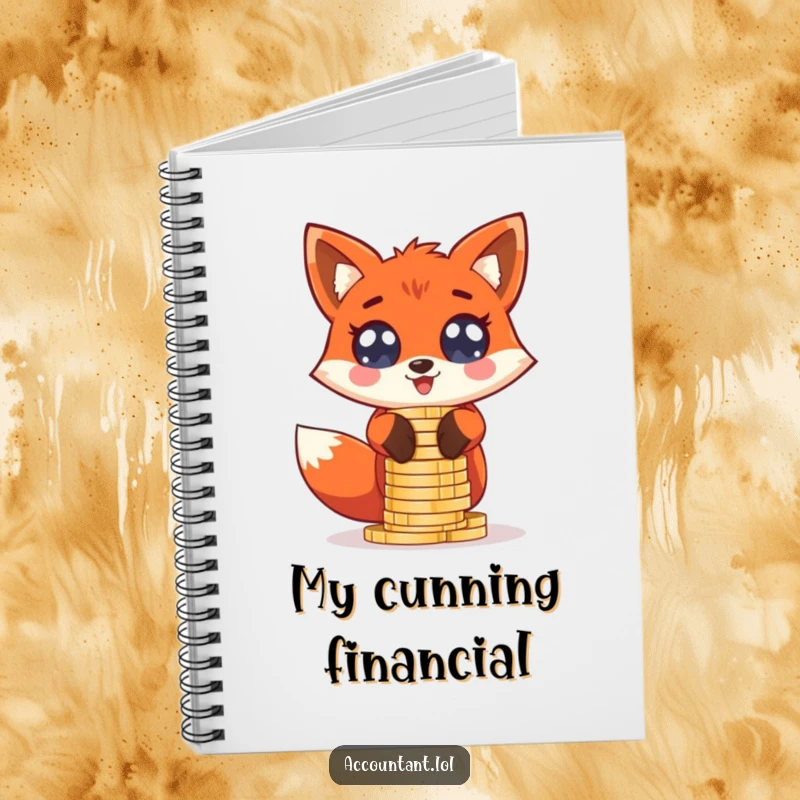 Funny giddy red fox stacking oversized coin stacks with wide, excited eyes, on the cover of a financial notebook.