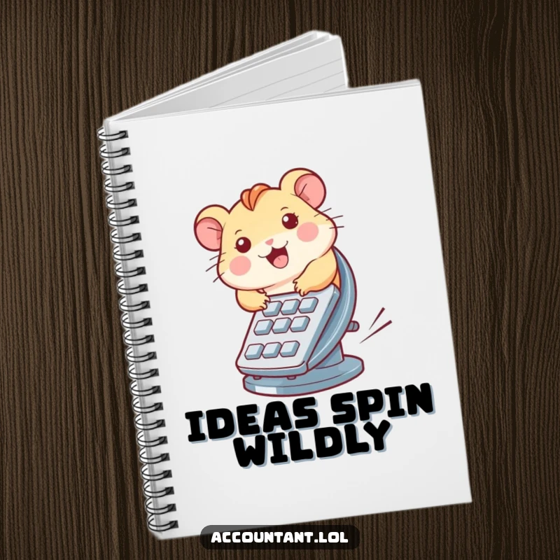 Funny notebook cover showing a hamster running on a calculator wheel, designed for funny note-taking.