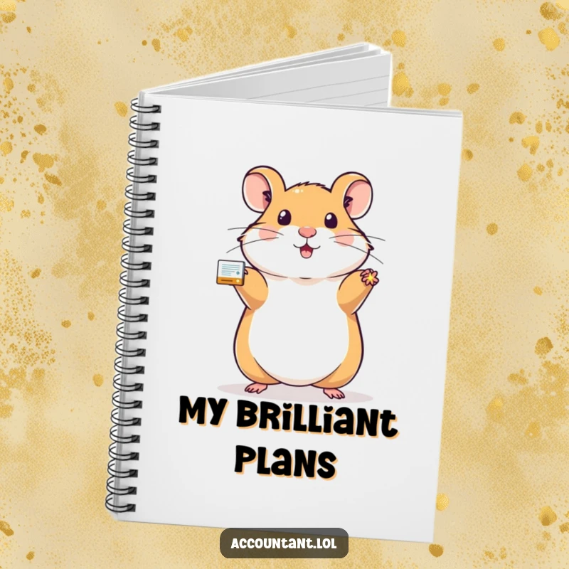Funny hamster notebook with a proud hamster holding a sparkling, balanced ledger, perfect for organized note-taking.