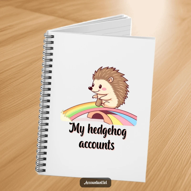 Funny notebook cover featuring a happy hedgehog pushing a large ledger across a colorful rainbow bridge, inspiring cheerful planning.