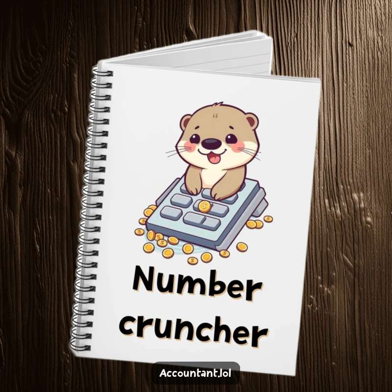 Funny notebook featuring a giggling otter sliding down a calculator button into a pile of coins, perfect for ideas.