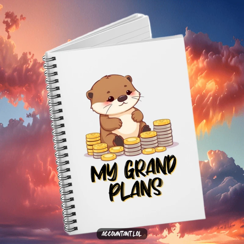 Funny notebook cover with a diligent otter carefully arranging coins into neat piles, ideal for planning financial goals with a humorous theme.