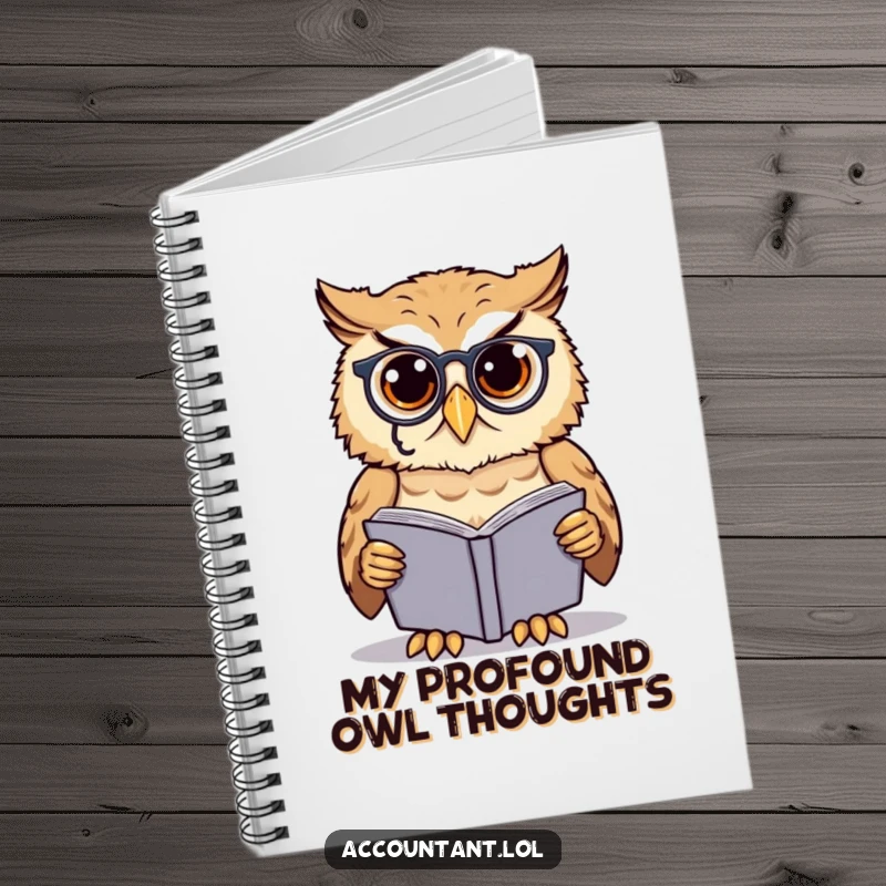 Funny owl scholar notebook, a cute owl in a monocle, examining a ledgerbook, perfect for writing.